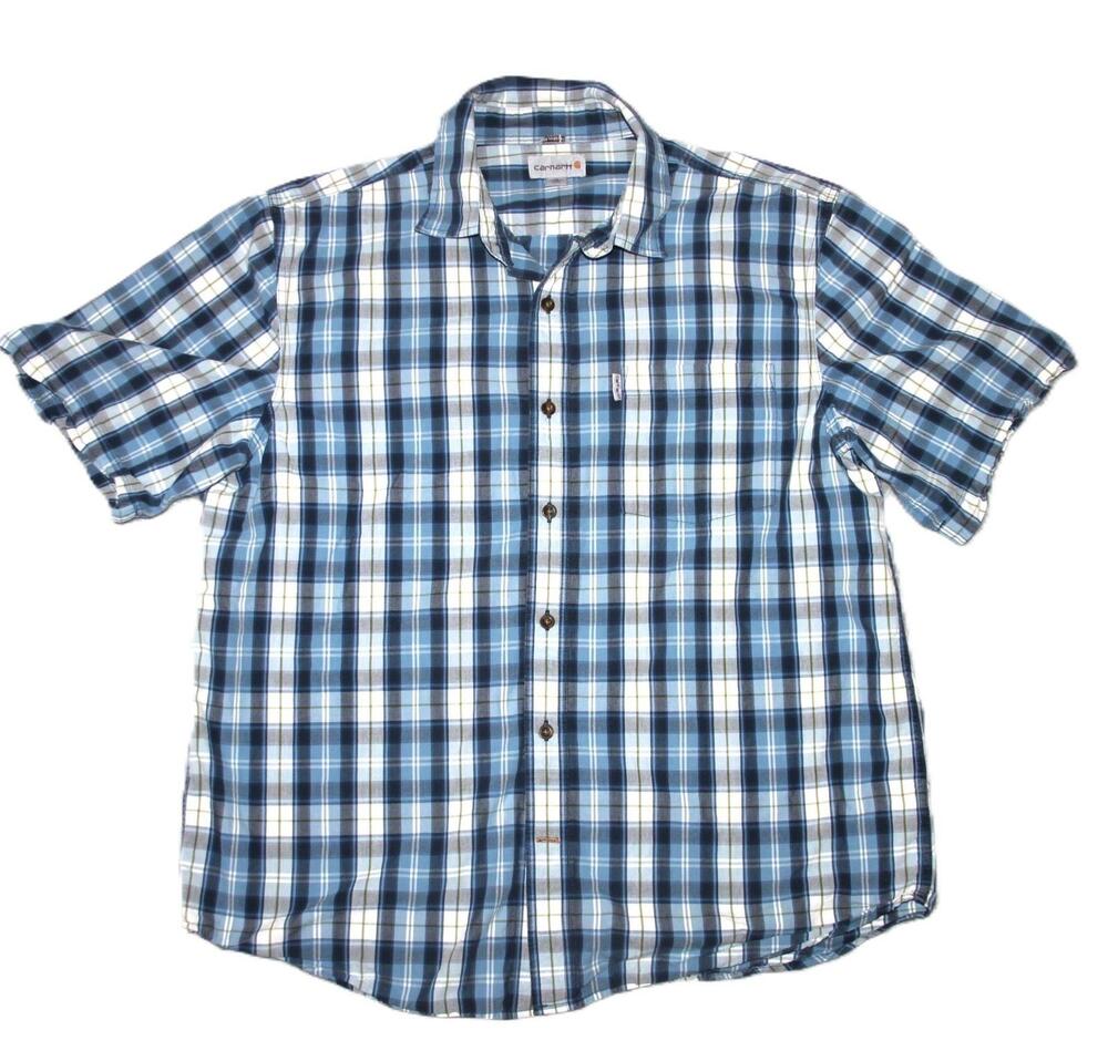 Carhartt Shirt Mens XL Blue Plaid Button Up Short Sleeve Pockets Relaxed Fit
